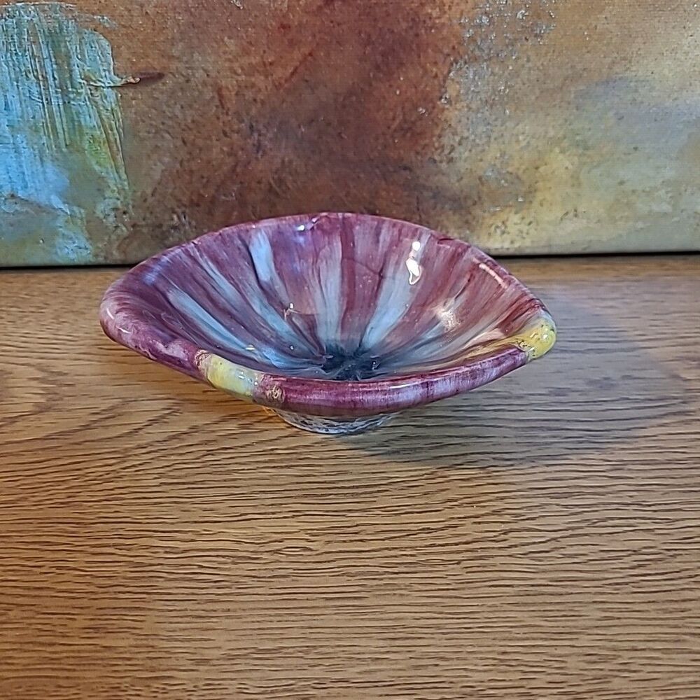 Unique Pottery Trinket Dish Glazed Pink Blue Speckled Bottom - Marked